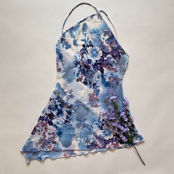 Flava Tops - Y2K blue floral asymmetrical top